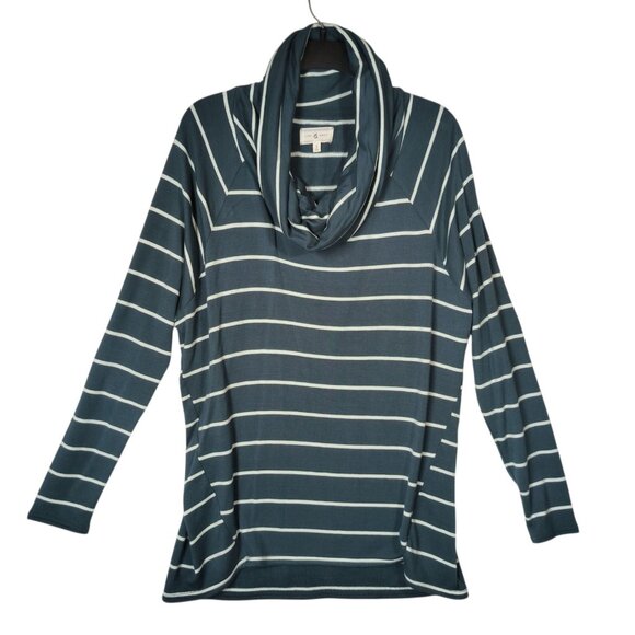 Lou & Grey Striped Long Sleeve Cowl Neck Soft Tunic Sweater Teal Size Small - Picture 2 of 7